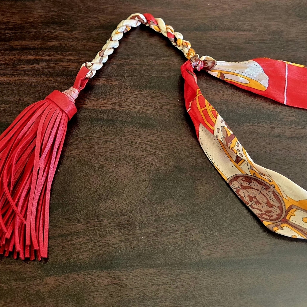 Elegant Hermes Red and Gold Scarf with Tassel Bag Charm